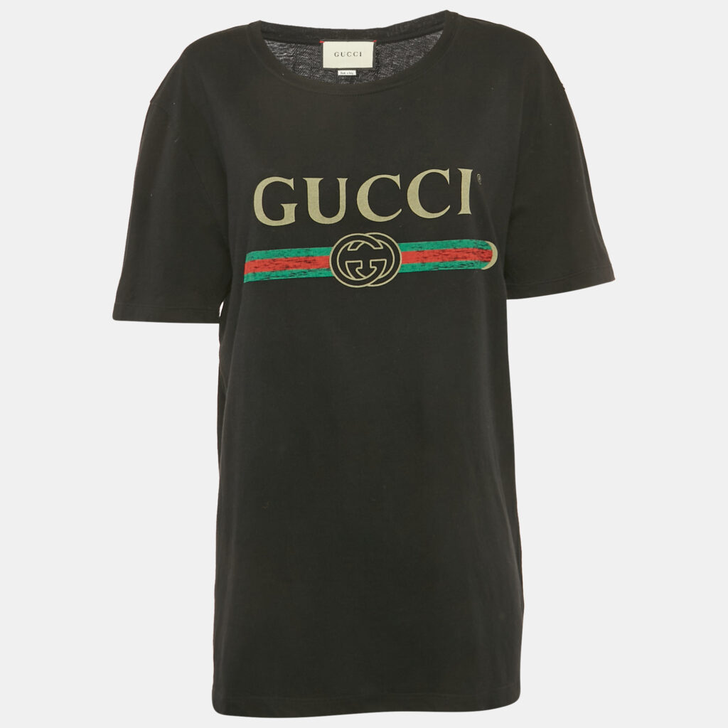 Gucci Black Vintage Logo Print Jersey Distressed T-Shirt M
