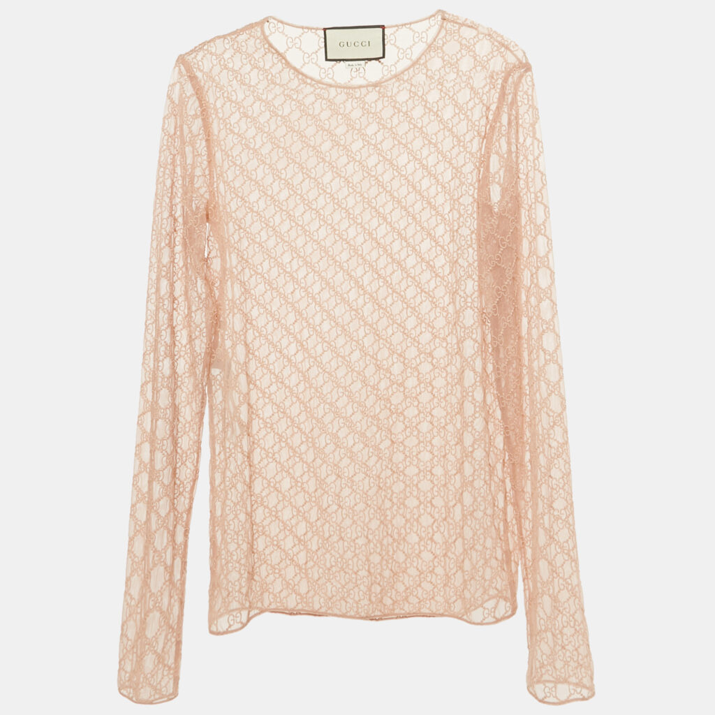 Gucci Pink GG Embroidered Tulle Long Sleeve Sheer Top S Gucci Pink GG Embroidered Tulle Long Sleeve Sheer Top S