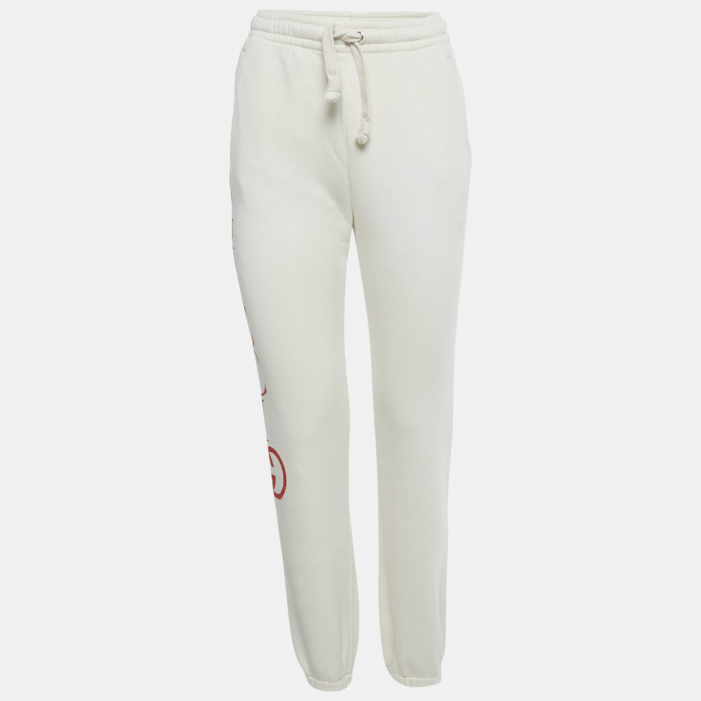 luxury-women-gucci-used-clothes-p1224176-001-1.jpg Gucci Ivory Logo Print Cotton Joggers XXS