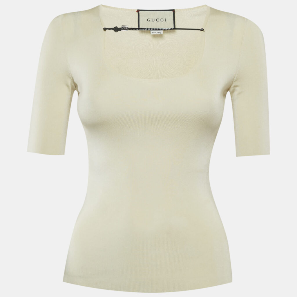 Gucci Beige Leather Trim Stretch Knit Top XS Gucci Beige Leather Trim Stretch Knit Top XS