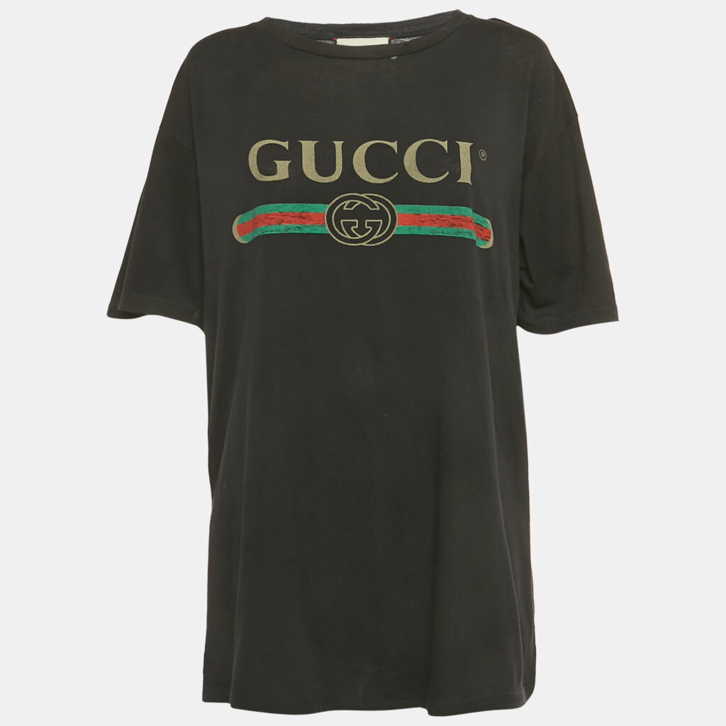 Gucci Black Vintage Print Jersey Distressed T-Shirt M