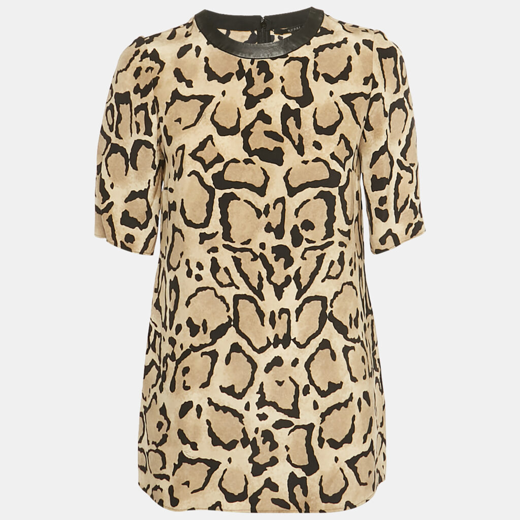 Gucci Brown Animal Print Silk Leather Collar Blouse S