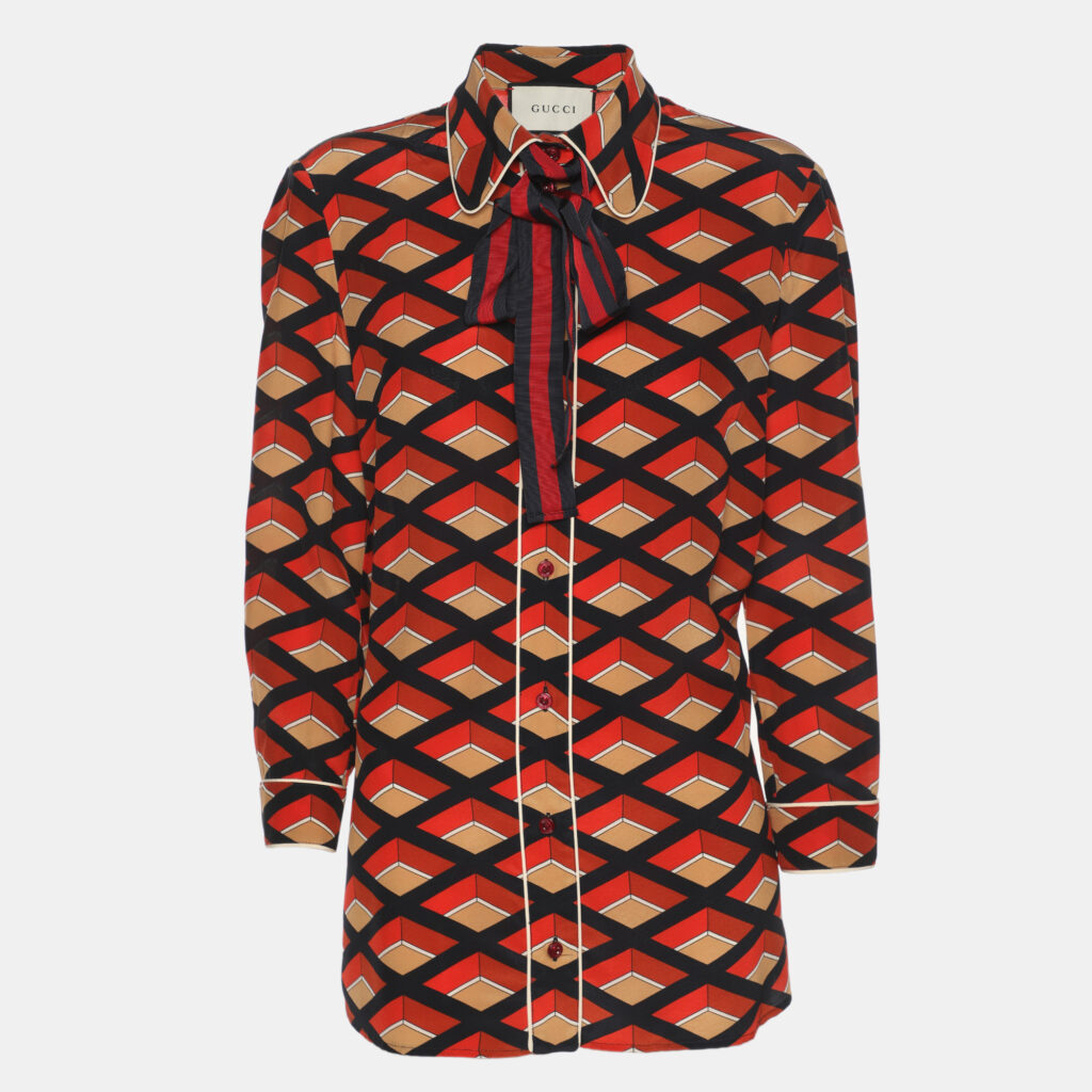 Gucci Multicolor Rhombus Print Crepe Long Sleeve Tops M Gucci Multicolor Rhombus Print Crepe Long Sleeve Tops M