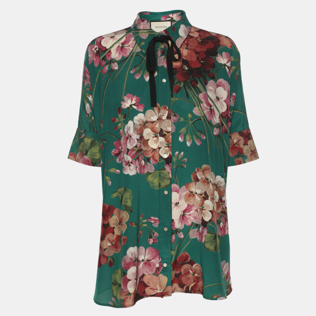 Gucci Green Floral Printed Silk Neck Tie Detail Shirt M