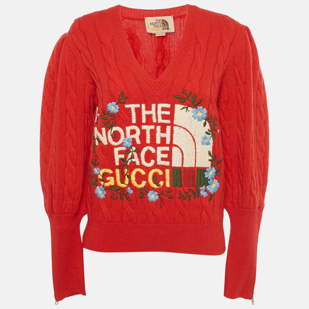Gucci x The North Face Red Rose Embroidered Cable Knit Sweater M