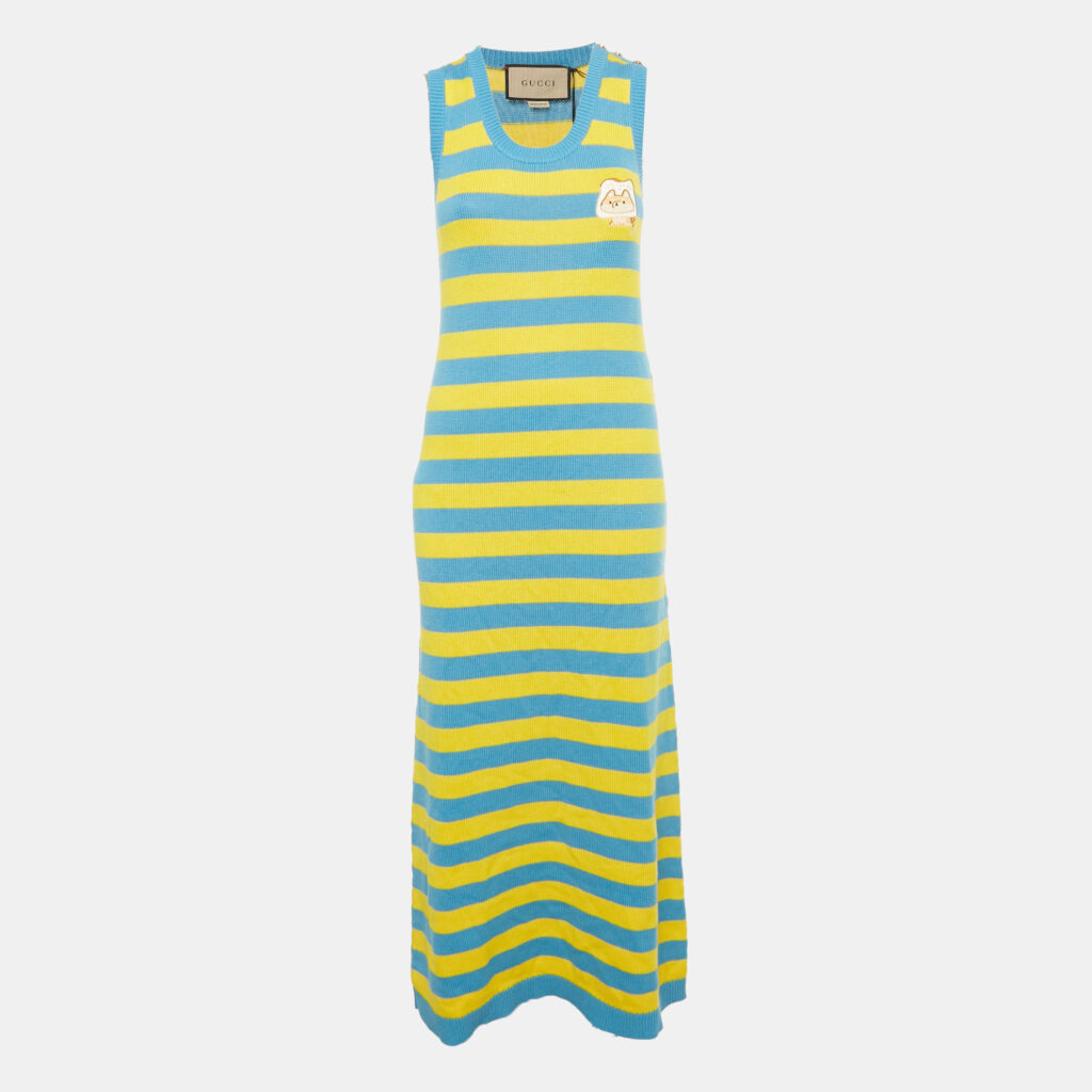 Gucci Blue/Yellow Striped Wool Knit Kawaii Appliqué Maxi Dress S Gucci Blue/Yellow Striped Wool Knit Kawaii Appliqué Maxi Dress S