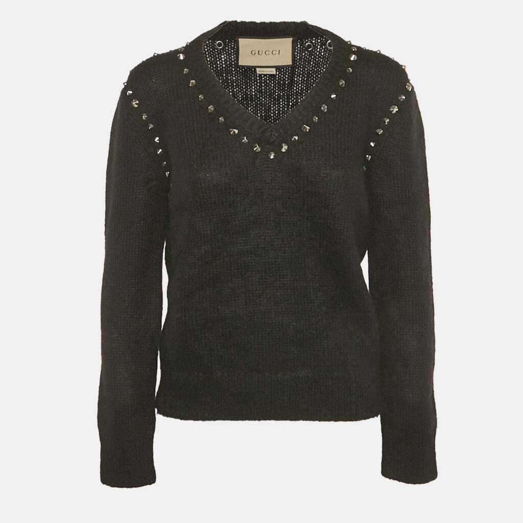 Gucci Black Studded Mohair Wool V-Neck Sweater S Gucci Black Studded Mohair Wool V-Neck Sweater S