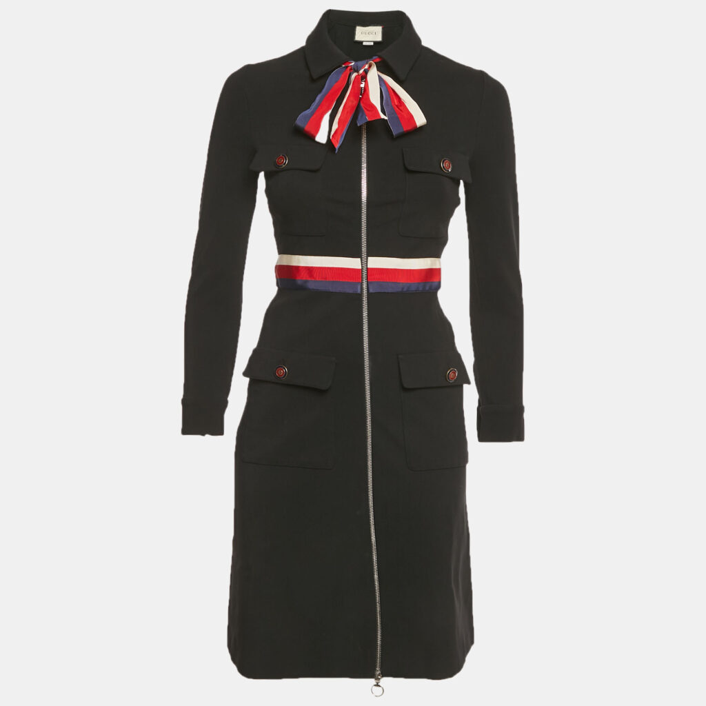 Gucci Black Neck-Tie Stretch Crepe Mini Dress S Gucci Black Neck-Tie Stretch Crepe Mini Dress S