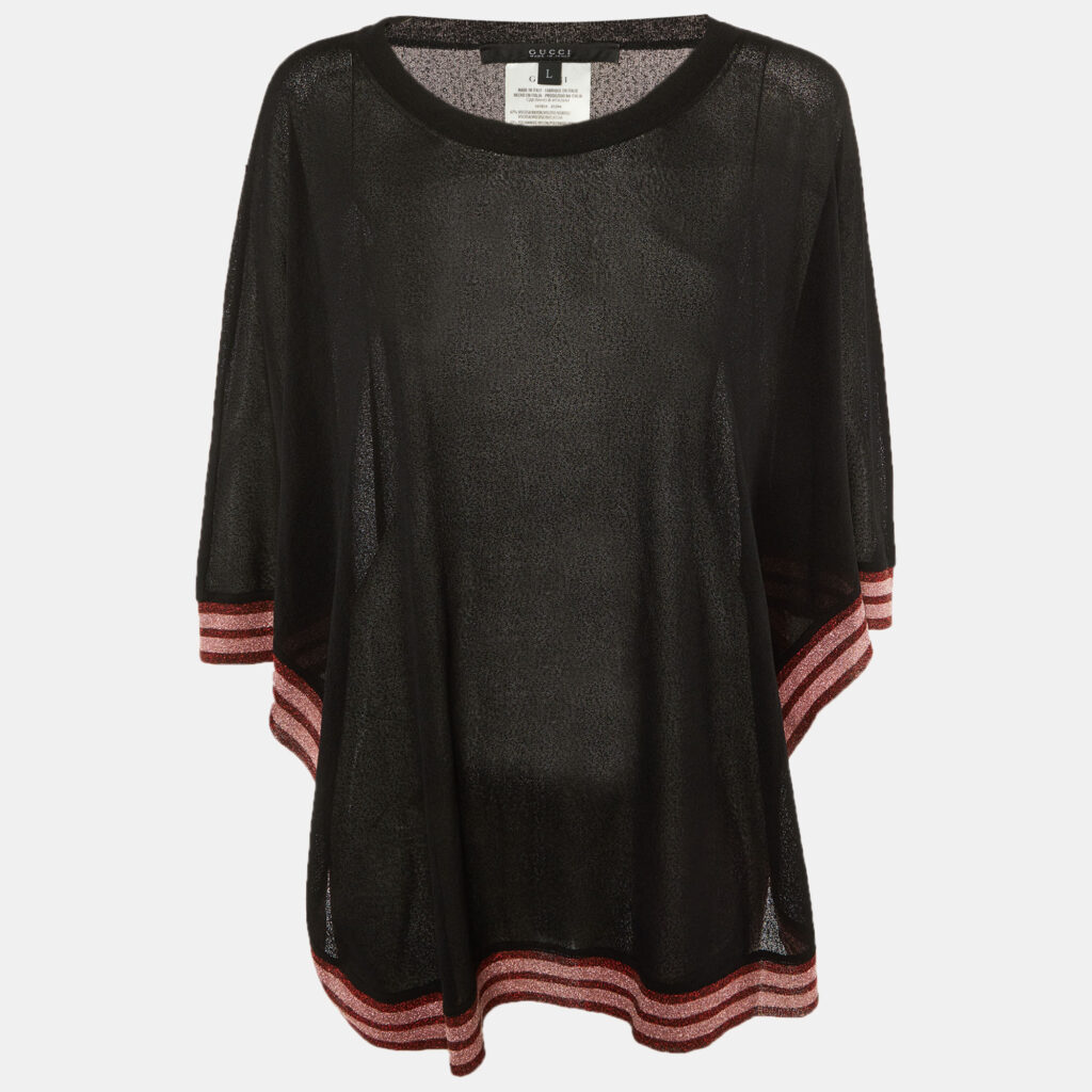 luxury-women-gucci-used-clothes-p1243059-003-1.jpg Gucci Black Lamé Striped Trim Crepe Sheer Poncho L