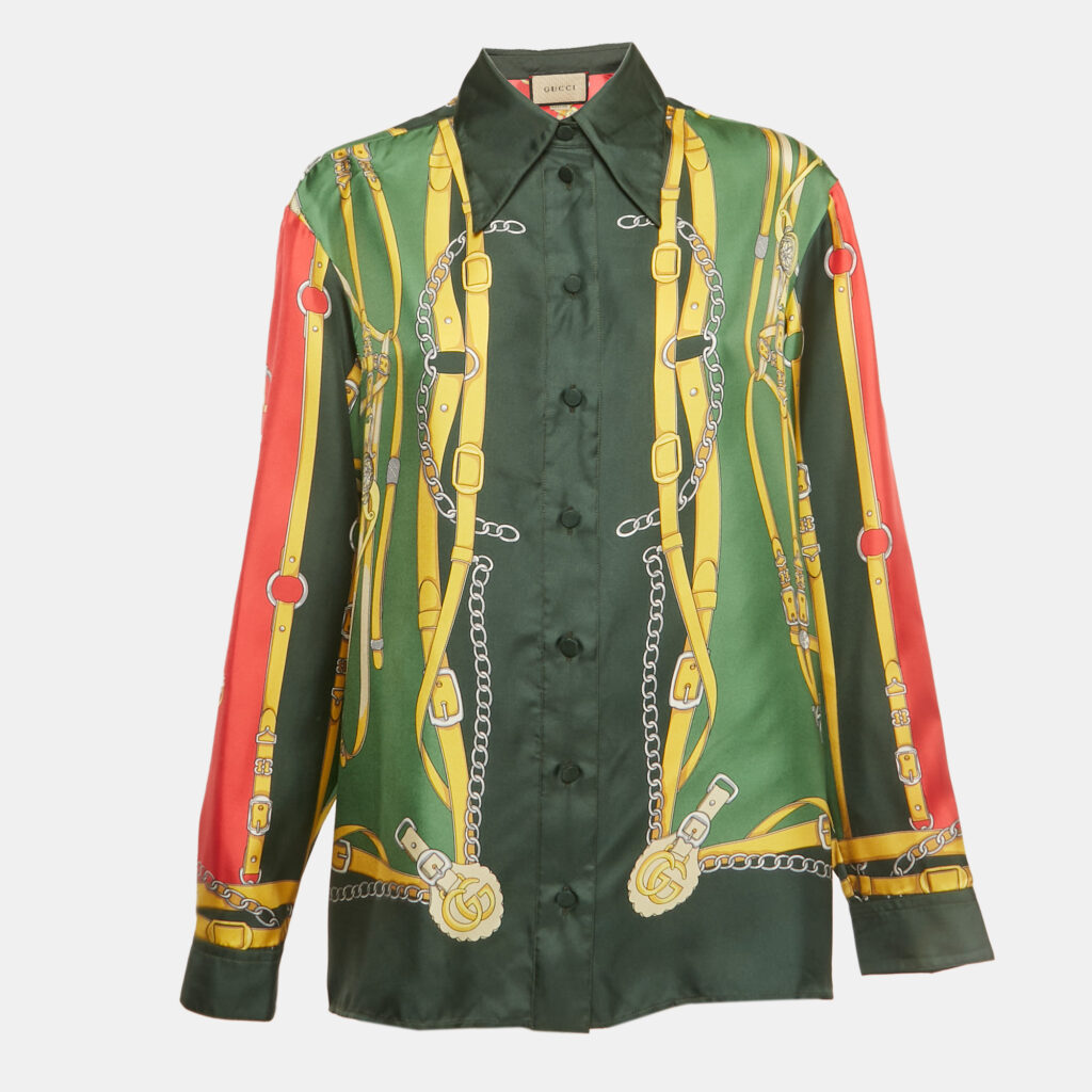 luxury-women-gucci-used-clothes-p1244586-001-1.jpg Gucci Green/Red Printed Silk Long Sleeve Shirt M