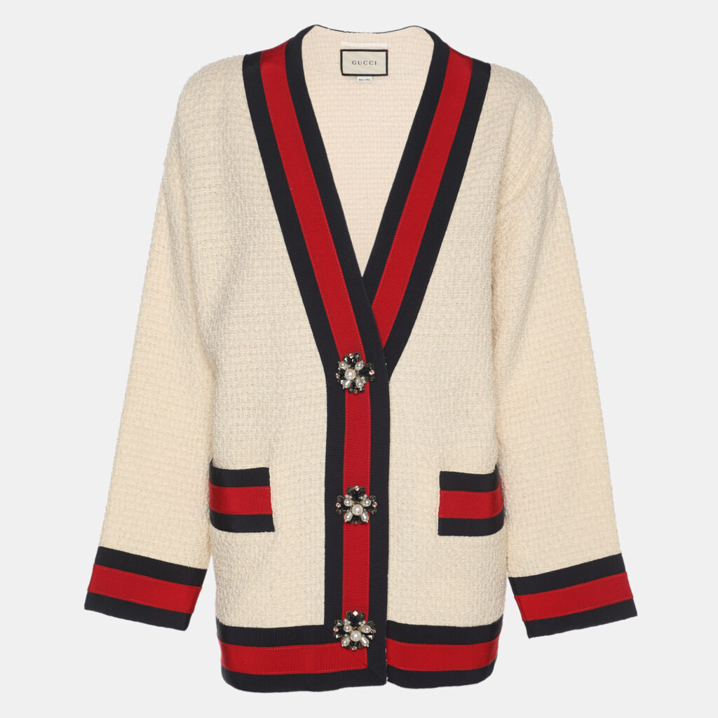 Gucci Cream Tweed Web Ribbon Trim Oversized Cardigan Jacket S Gucci Cream Tweed Web Ribbon Trim Oversized Cardigan Jacket S