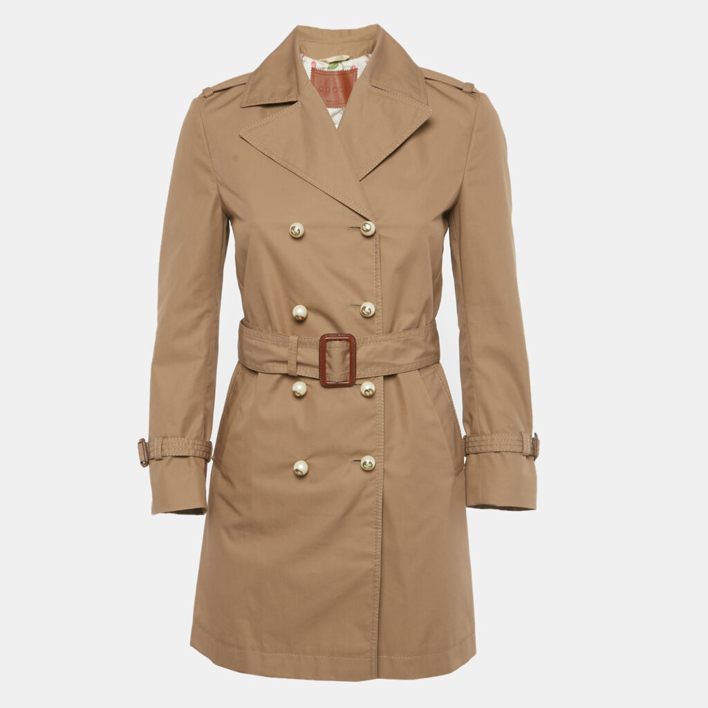 luxury-women-gucci-used-clothes-p1245642-001.jpg Gucci Beige Gabardine Button Detail Belted Coat S