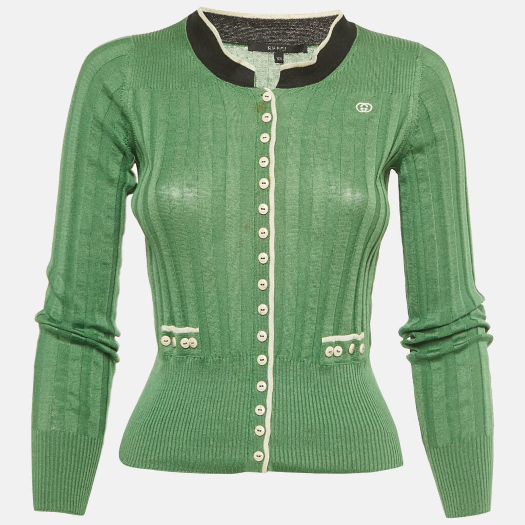 Gucci Green Linen Blend Knit Long Sleeve Cardigan XS