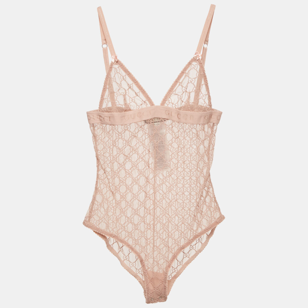 Gucci Pale Pink GG Tulle Strappy Bodysuit S Gucci Pale Pink GG Tulle Strappy Bodysuit S