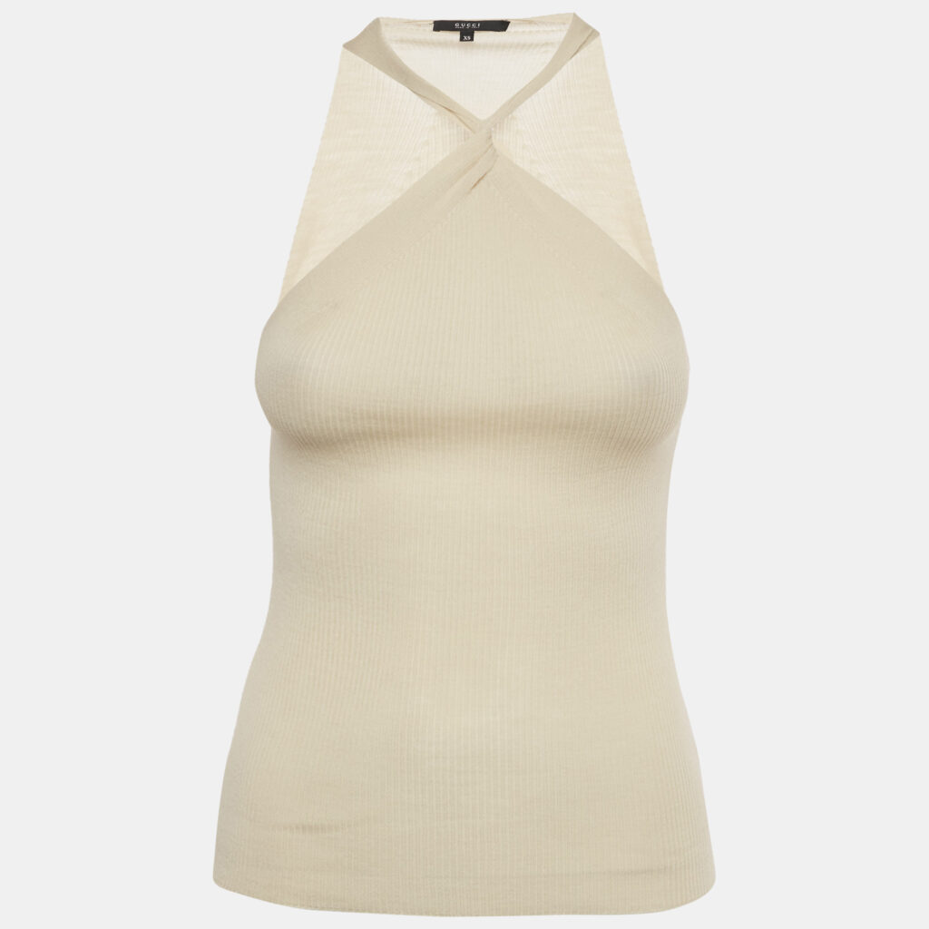 Gucci Beige Rib Knit Twisted Neck Top XS