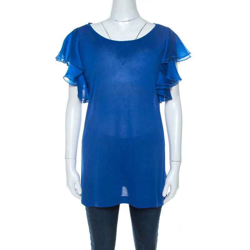 Gucci Blue Jersey and Silk Ruffled Sleeve Top S Gucci Blue Jersey and Silk Ruffled Sleeve Top S