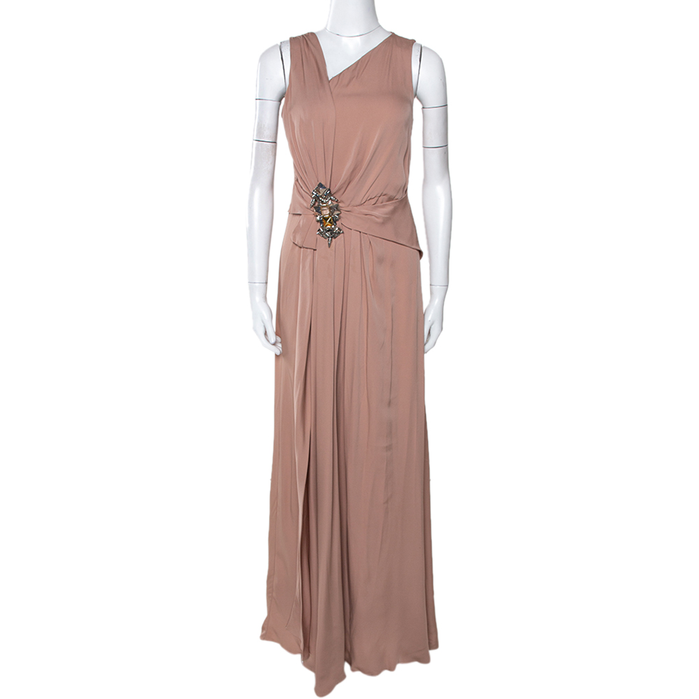 Gucci Pale Pink Silk Crepe Brooch Detail Draped Gown M Gucci Pale Pink Silk Crepe Brooch Detail Draped Gown M