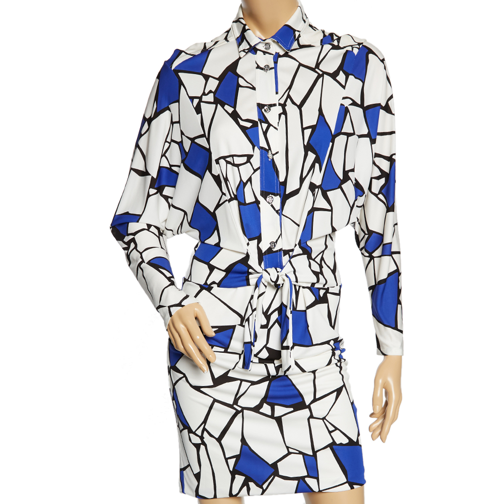 luxury-women-gucci-used-clothes-p582874-009-1.jpg Gucci White & Blue Printed Jersey Front Tie Detail Draped Dress XS