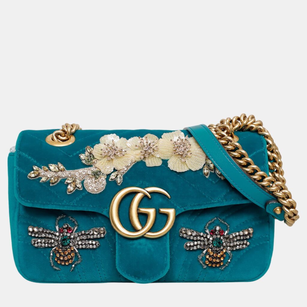 Gucci Teal Velvet Mini Velvet Embroidered GG Marmont Flap Bag Gucci Teal Velvet Mini Velvet Embroidered GG Marmont Flap Bag