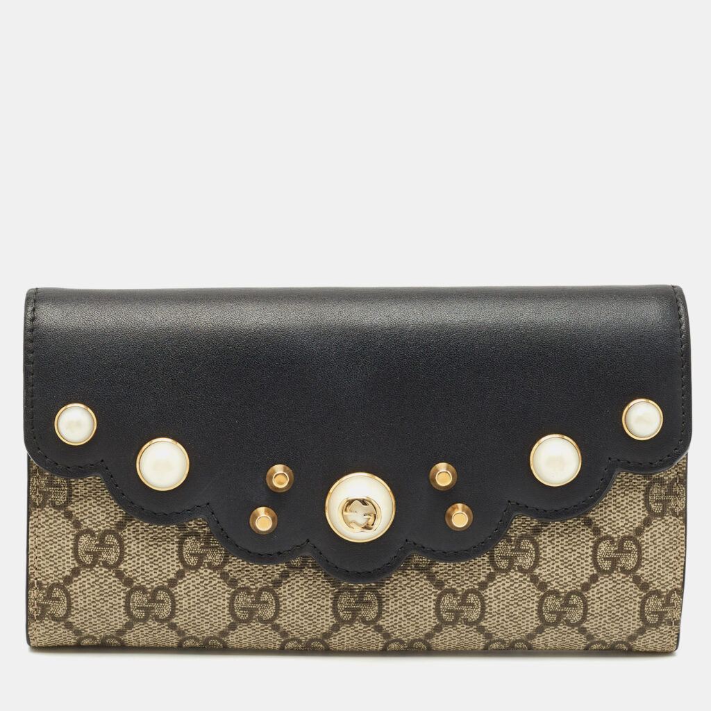 Gucci Black/Beige Leather and GG Supreme Canvas Peony Pearly Continental Wallet Gucci Black/Beige Leather and GG Supreme Canvas Peony Pearly Continental Wallet