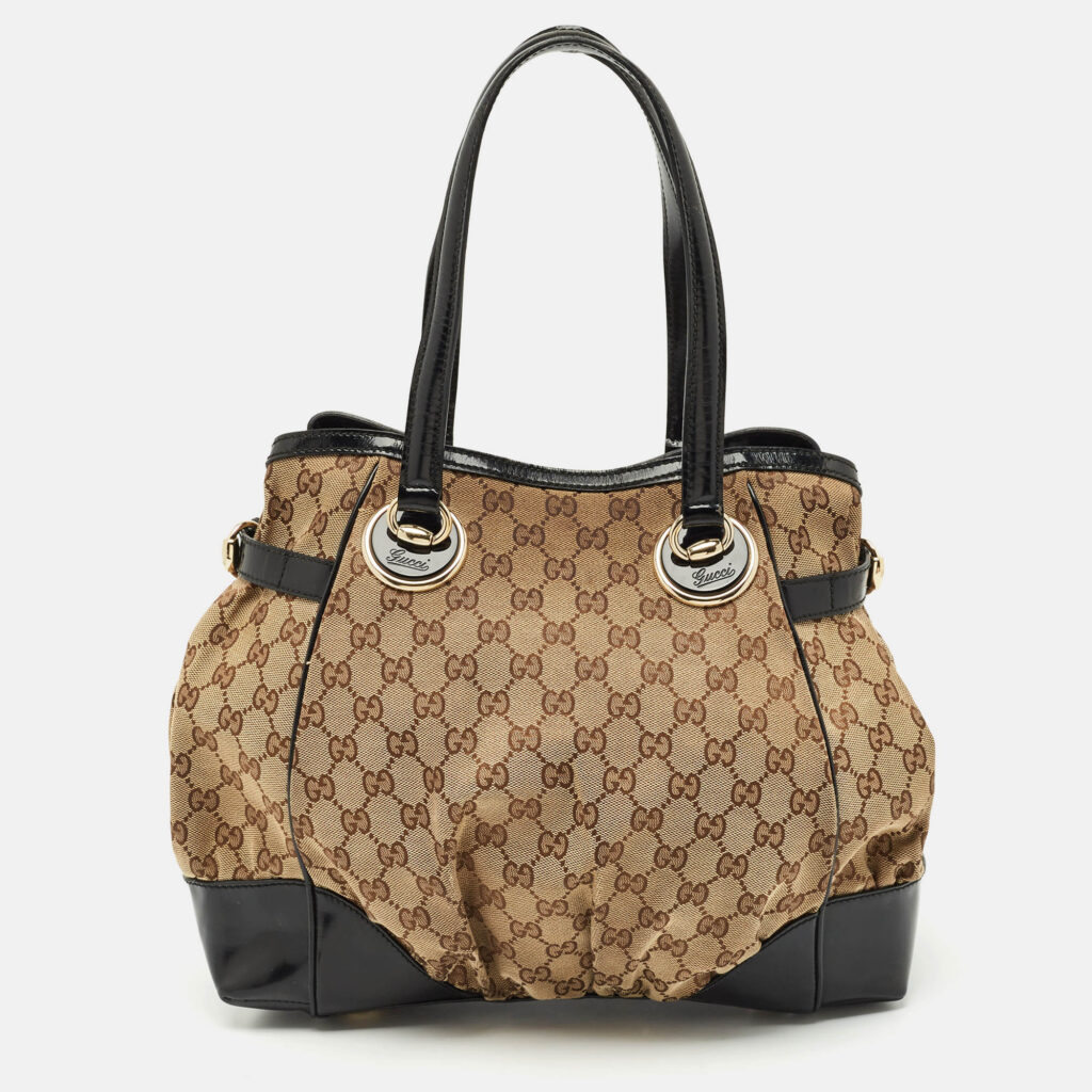 Gucci Black/Beige GG Canvas/Patent Leather Medium Full Moon Tote Gucci Black/Beige GG Canvas/Patent Leather Medium Full Moon Tote