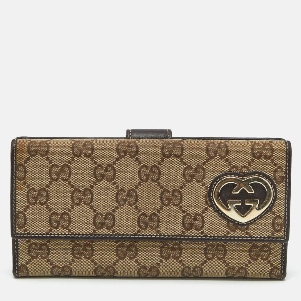 Gucci Beige/Brown GG Canvas Lovely Heart Continental Wallet Gucci Beige/Brown GG Canvas Lovely Heart Continental Wallet