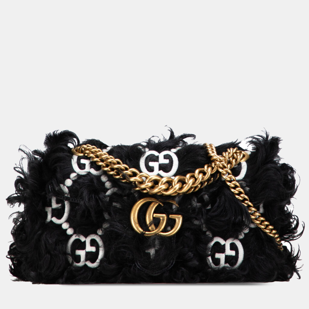 Gucci Black Small GG Marmont Embroidered Shearling Crossbody Gucci Black Small GG Marmont Embroidered Shearling Crossbody