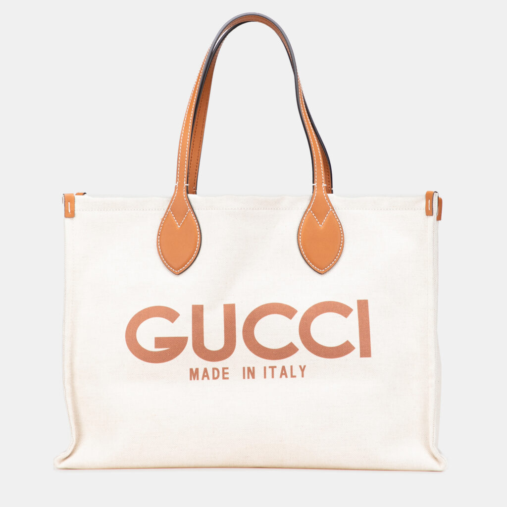 Gucci Brown White Large Canvas Logo Tote Gucci Brown White Large Canvas Logo Tote