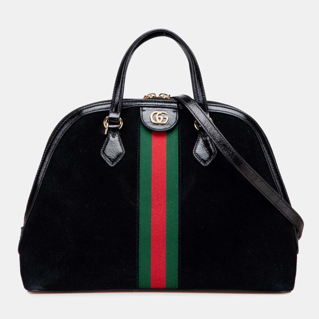 Gucci Black Medium Suede Ophidia Web Dome Satchel