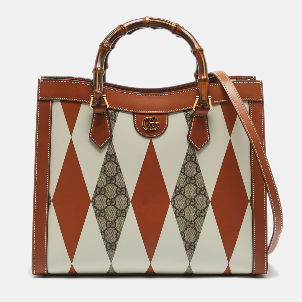 Gucci Brown/White Rhombus Print Leather Medium Diana Tote