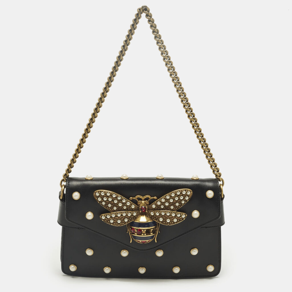 Gucci Black Leather Mini Pearl Studded Queen Margaret Broadway Shoulder Bag