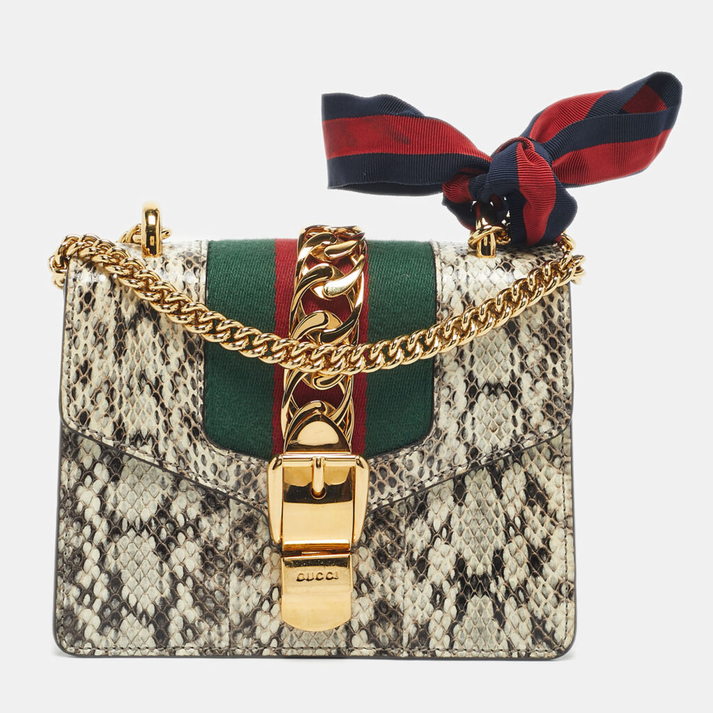 Gucci Black/White Watersnake Leather Mini Web Chain Sylvie Shoulder Bag