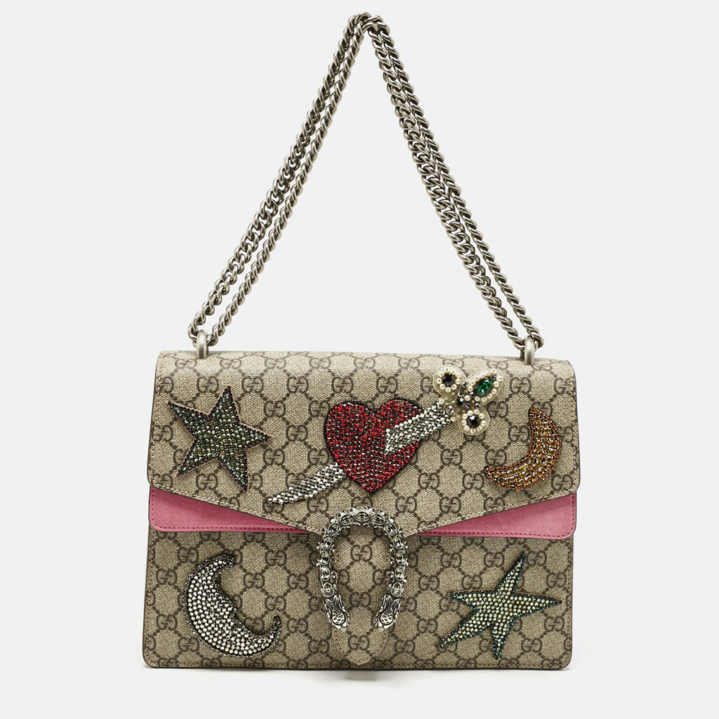 Gucci Pink/Beige GG Supreme Canvas and Suede Medium Crystals Embellished Dionysus Shoulder Bag Gucci Pink/Beige GG Supreme Canvas and Suede Medium Crystals Embellished Dionysus Shoulder Bag