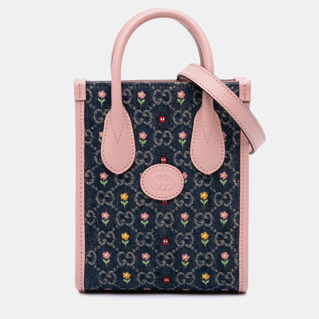Gucci Blue/Pink Mini GG Denim Interlocking G Flowers Tote Gucci Blue/Pink Mini GG Denim Interlocking G Flowers Tote