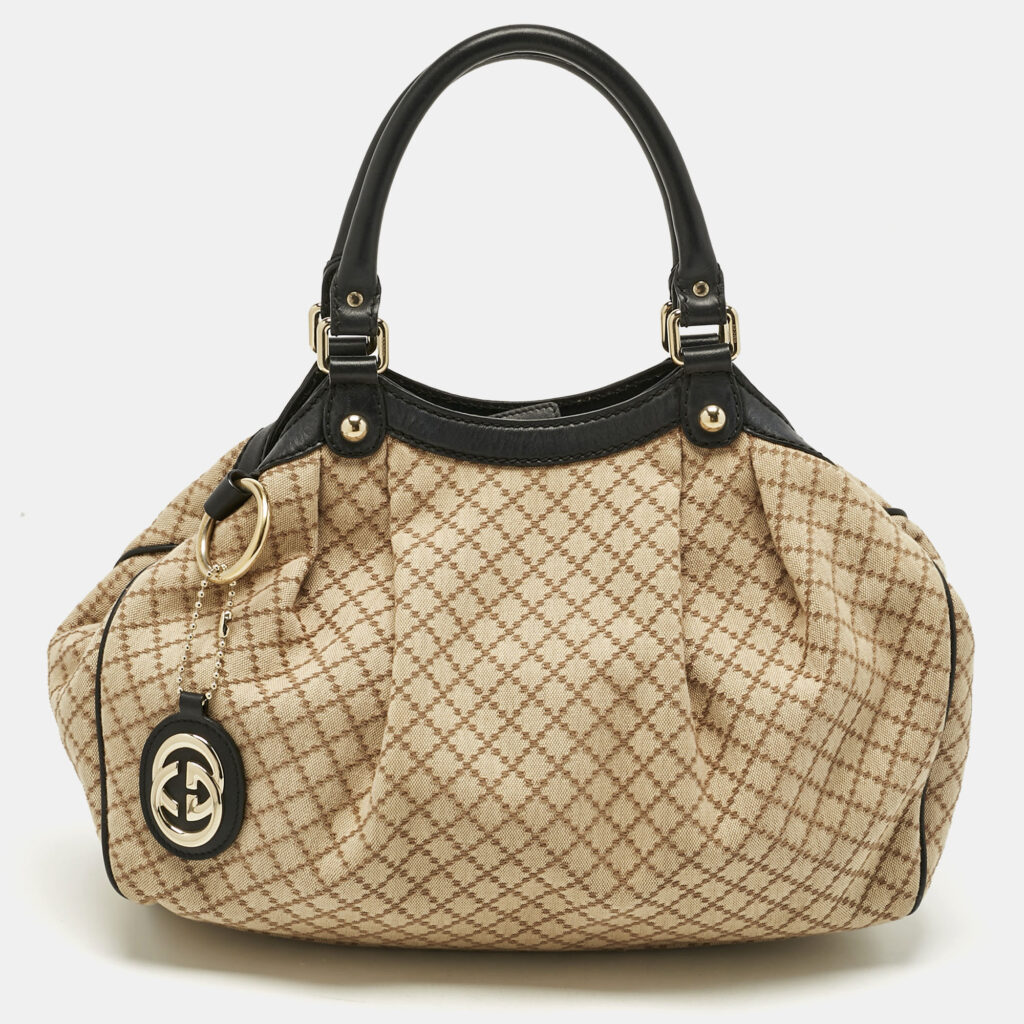 Gucci Black/Beige Diamante Canvas and Leather Medium Sukey Tote