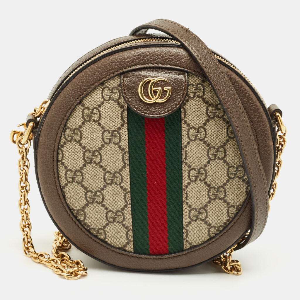 Gucci Brown/Beige GG Supreme Canvas and Leather Mini Ophidia Round Bag