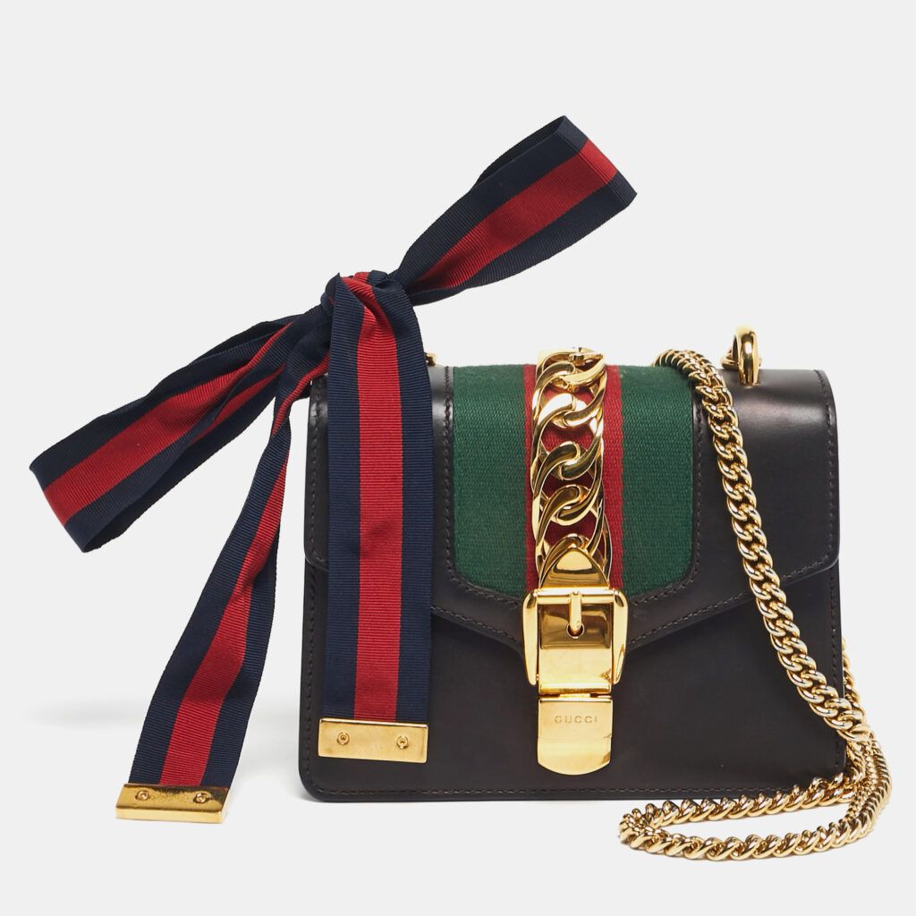 Gucci Black Leather Mini Web Chain Sylvie Shoulder Bag