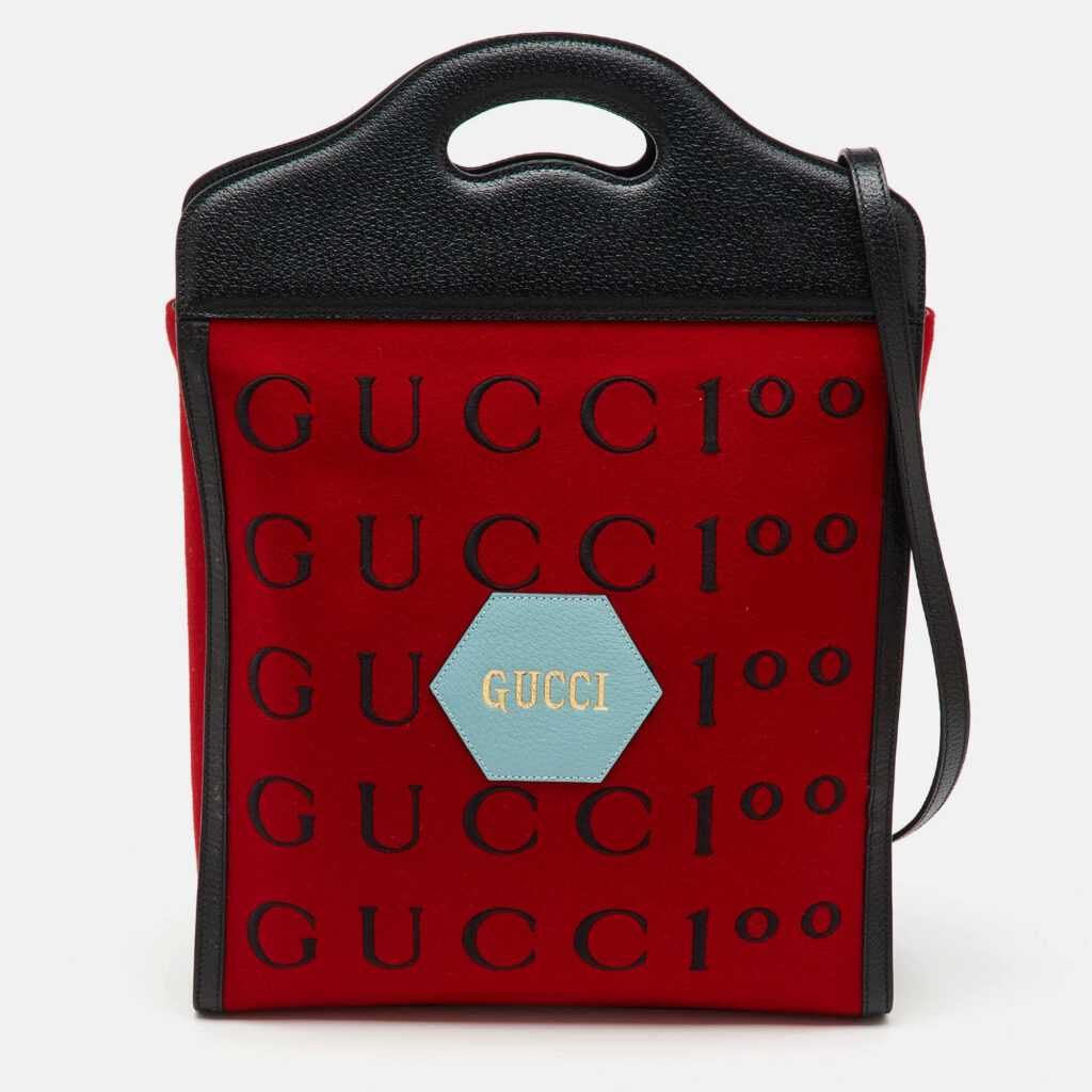 Gucci Red/Black Felt and Leather Script Logo 100 Centennial Tote Gucci Red/Black Felt and Leather Script Logo 100 Centennial Tote