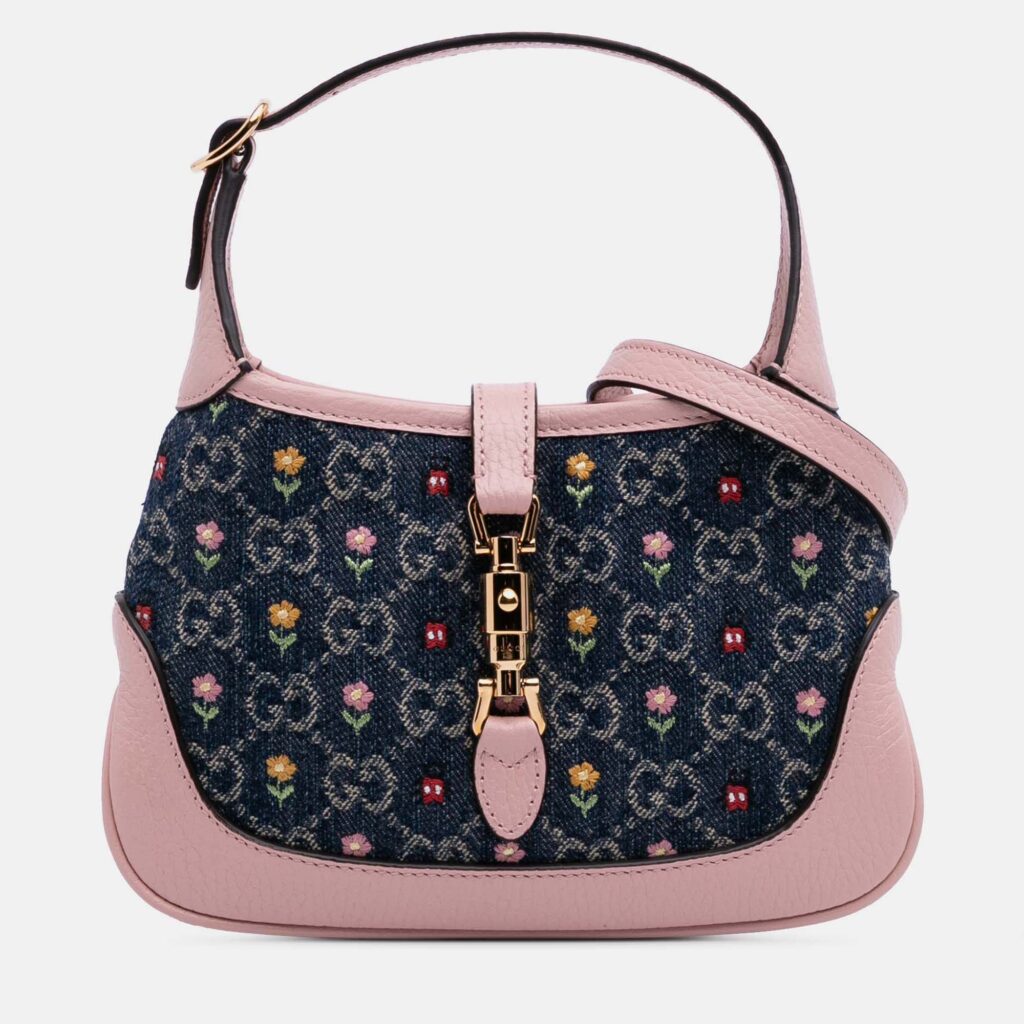 Gucci Blue Limited Edition Mini GG Embroidered Denim Floral Jackie 1961 Crossbody Gucci Blue Limited Edition Mini GG Embroidered Denim Floral Jackie 1961 Crossbody