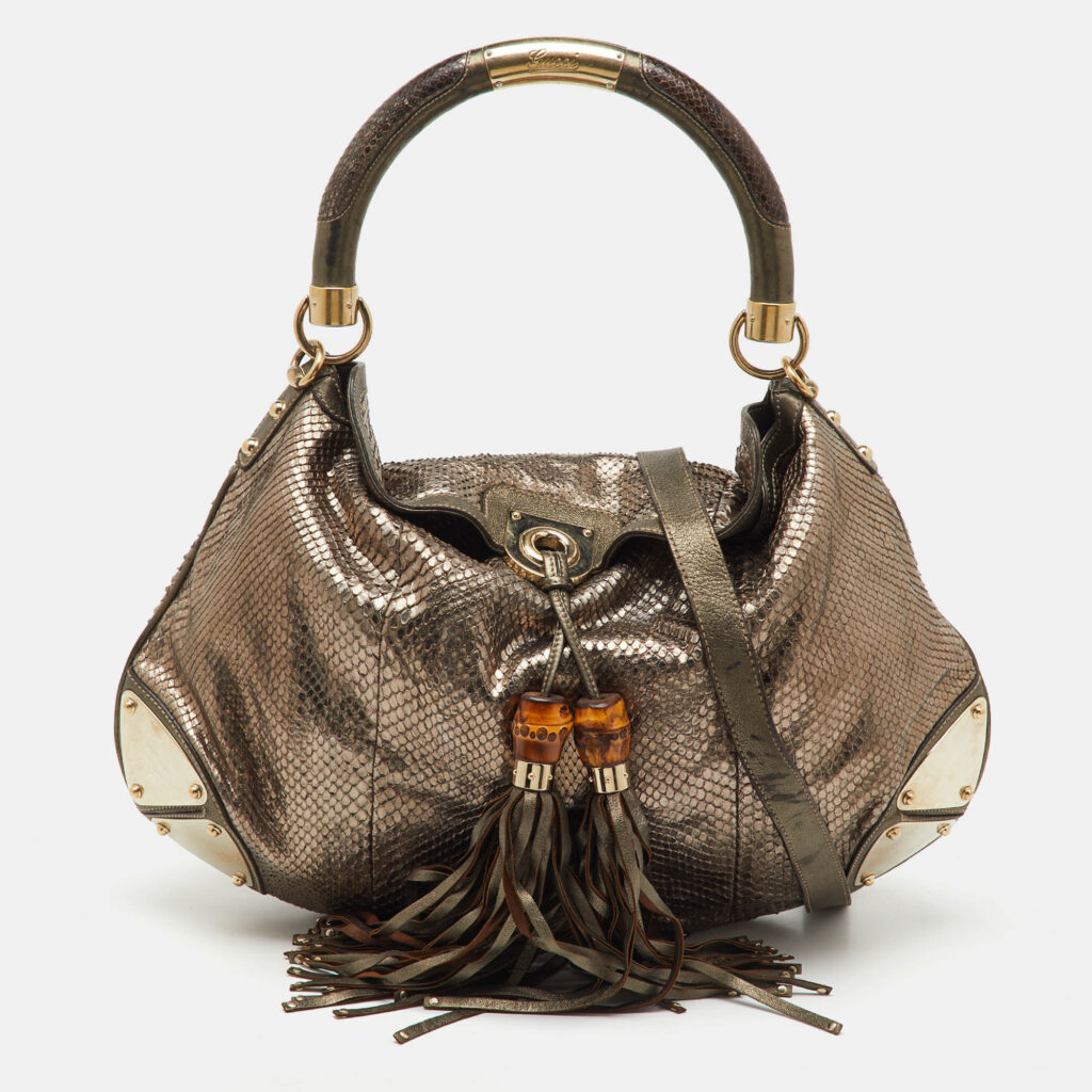 Gucci Metallic Grey Python and Leather Large Babouska Indy Top Handle Bag