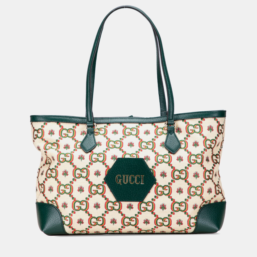 Gucci Brown 100th Anniversary Medium GG Canvas Embroidered Flower Ophidia Tote Gucci Brown 100th Anniversary Medium GG Canvas Embroidered Flower Ophidia Tote