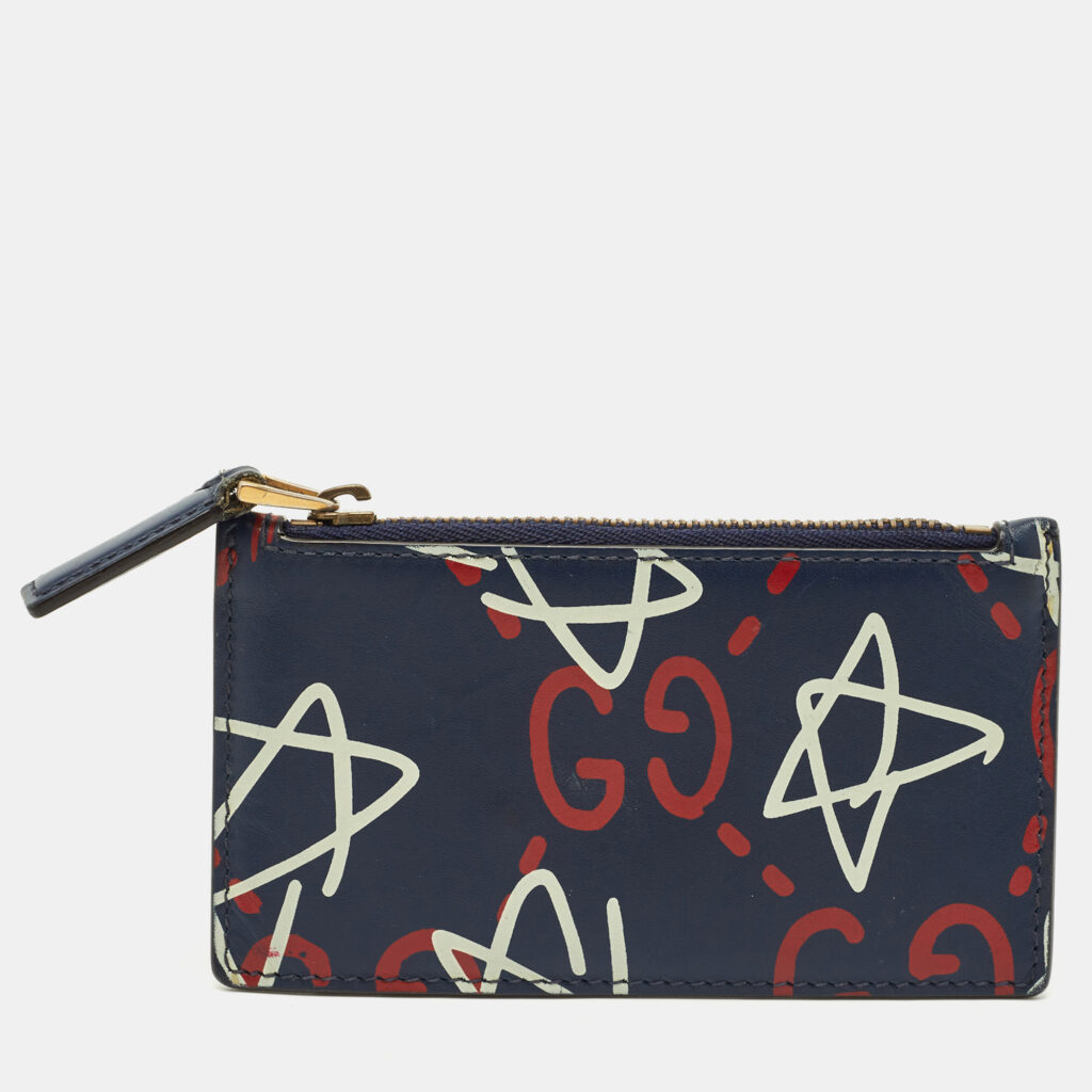 luxury-women-gucci-used-handbags-p1205280-001-1.jpg Gucci Navy Blue Leather Ghost Coin Zip Card Holder