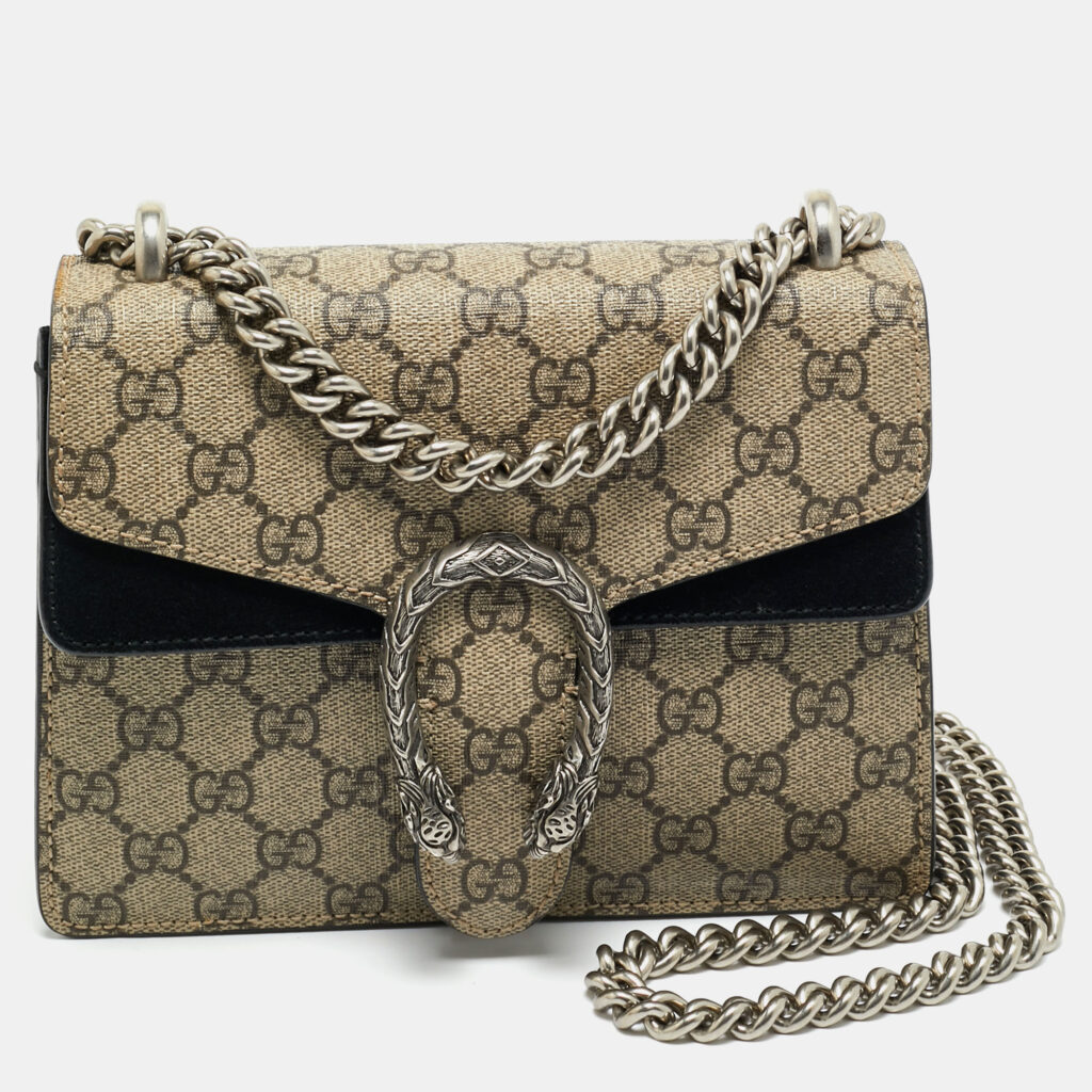 luxury-women-gucci-used-handbags-p1205484-012-1.jpg Gucci Beige/Black GG Supreme Canvas and Suede Small Dionysus Shoulder Bag