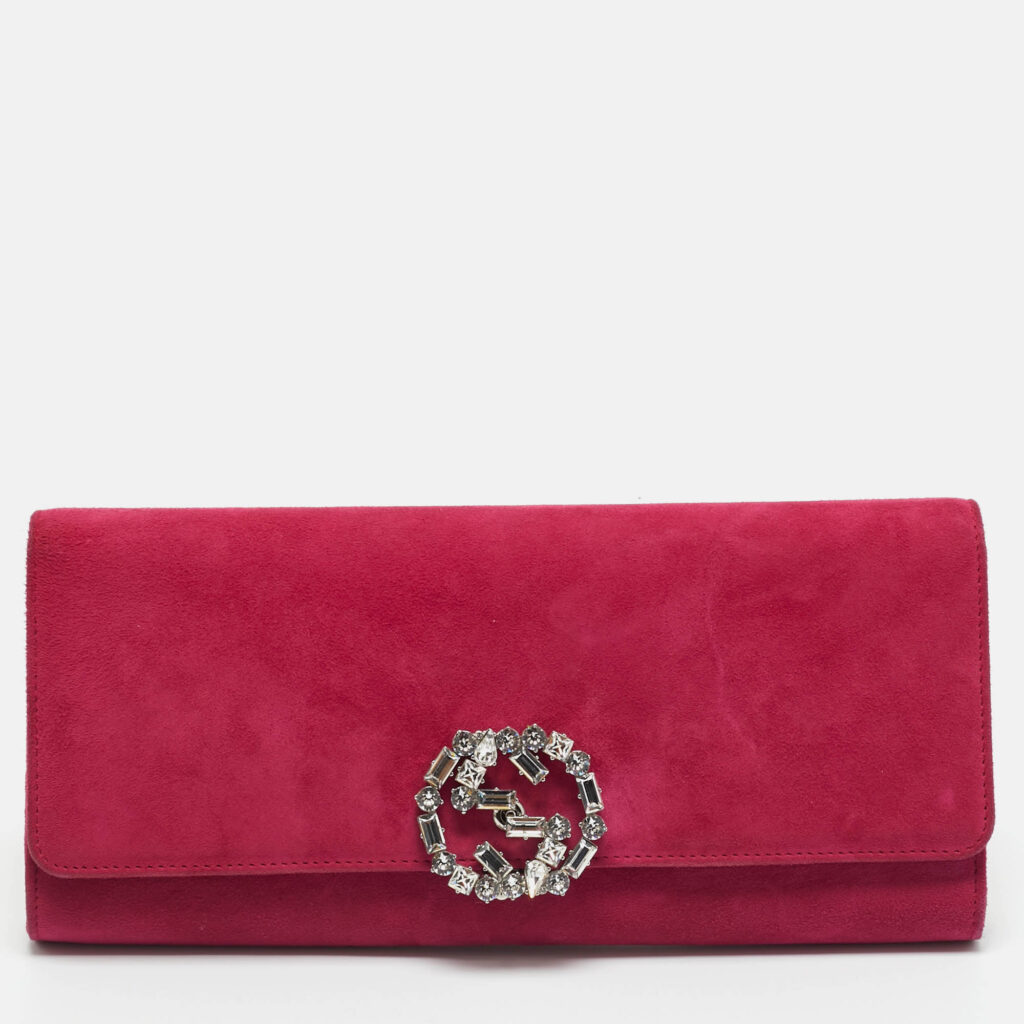 Gucci Pink Suede Interlocking Crystals Broadway Clutch