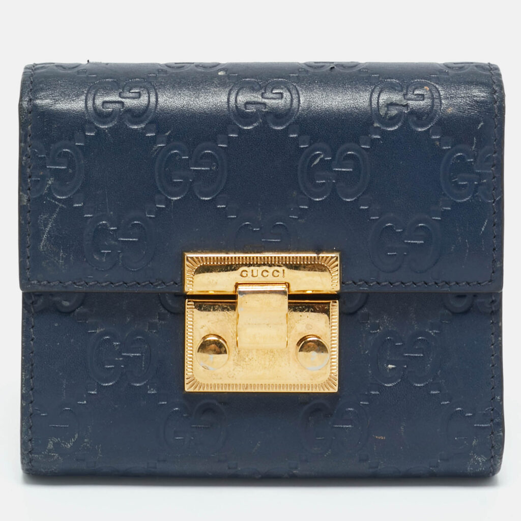 Gucci Navy Blue Guccissima Leather Pushlock Trifold Wallet Gucci Navy Blue Guccissima Leather Pushlock Trifold Wallet