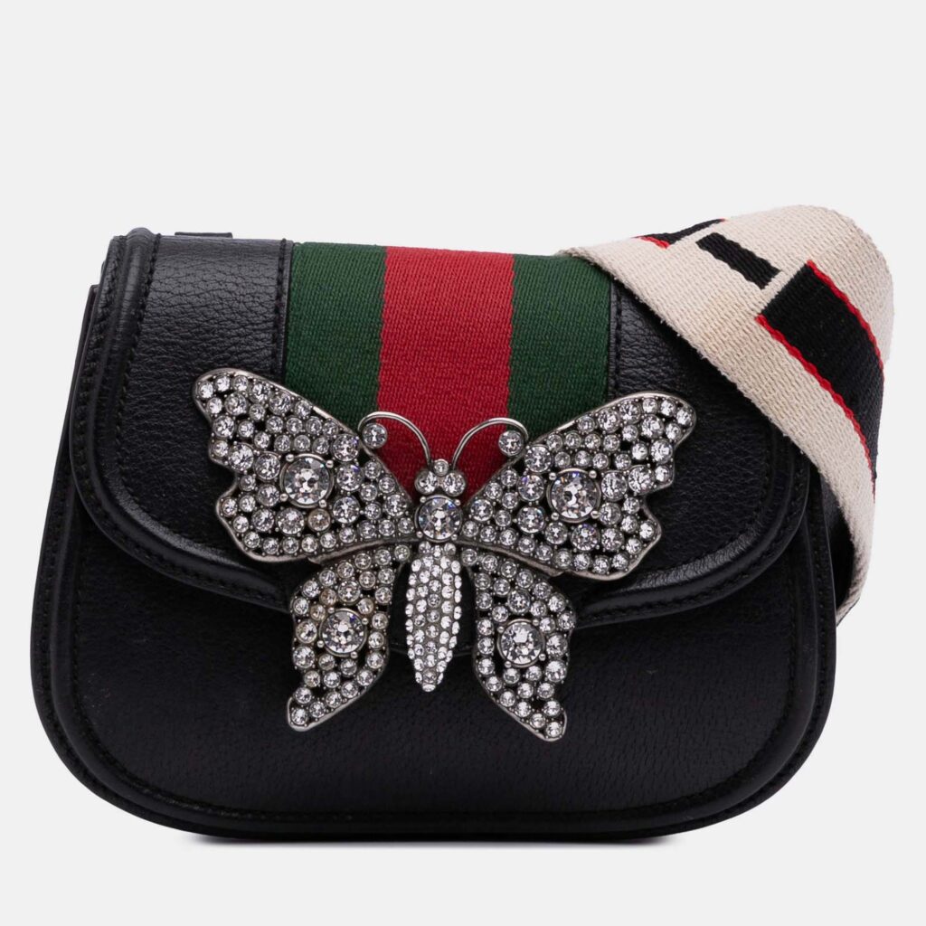 Gucci Black Small Leather Linea Totem Crystal Butterfly Crossbody