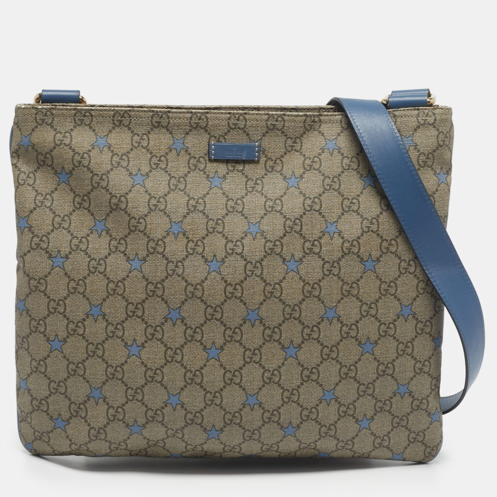 Gucci Blue/Beige GG Supreme Stars Canvas and Leather Flat Messenger Bag Gucci Blue/Beige GG Supreme Stars Canvas and Leather Flat Messenger Bag