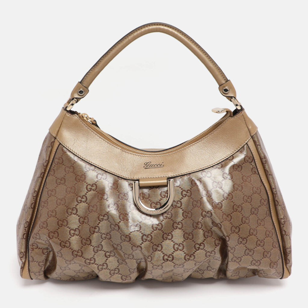 Gucci Beige/Gold GG Crystal Canvas Large D Ring Hobo