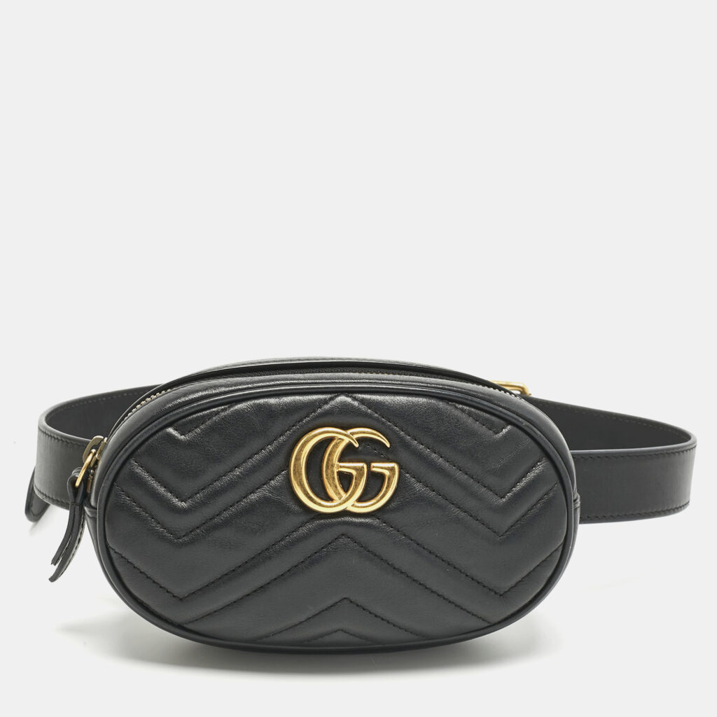 Gucci Black Matelassé Leather GG Marmont Belt Bag
