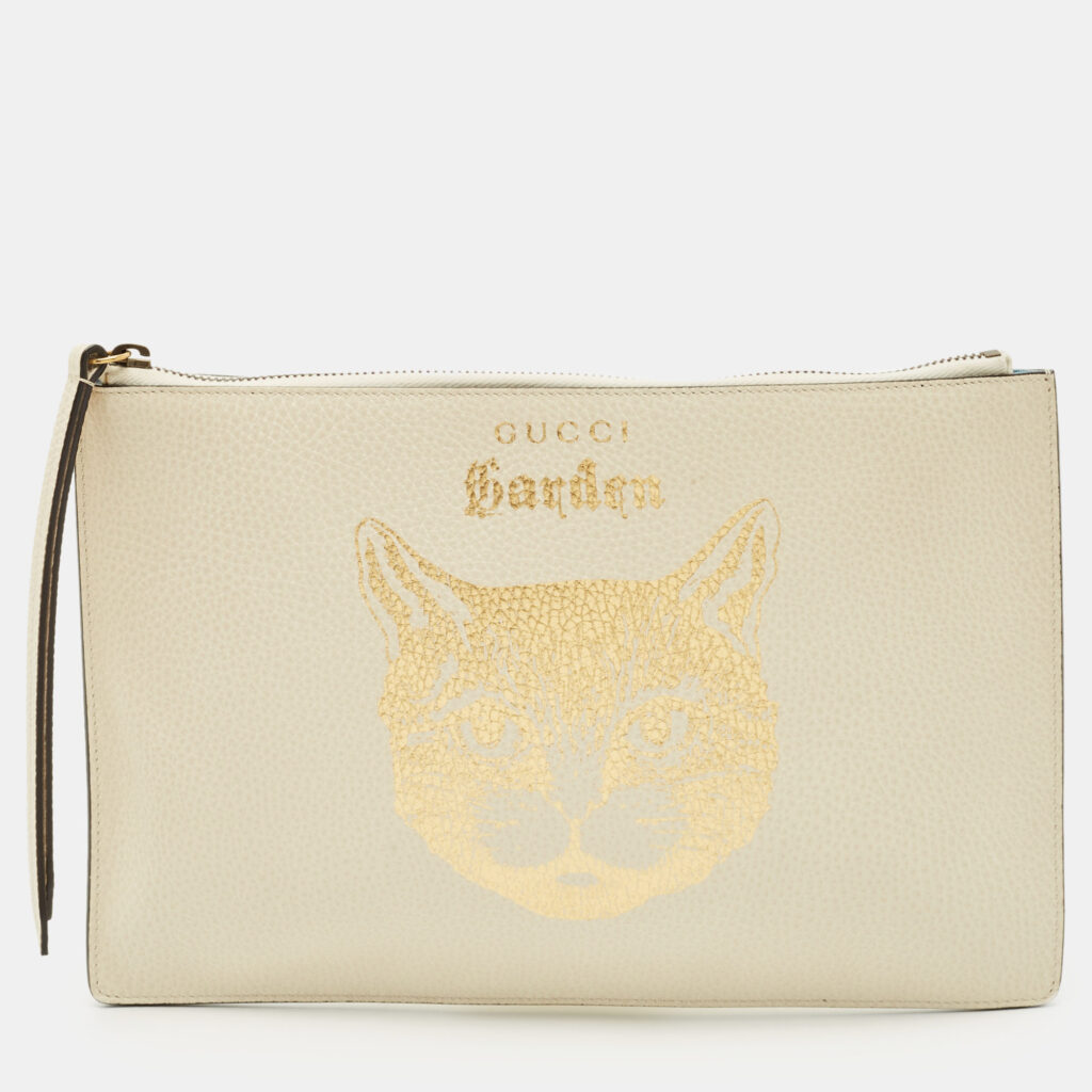 Gucci Ivory Leather Garden Cat Zip Pouch Gucci Ivory Leather Garden Cat Zip Pouch